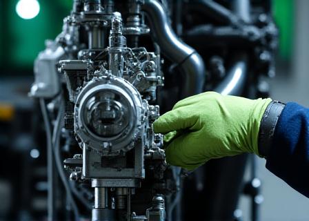 Close up of a semi-truck engine being inspected by a professional mechanic