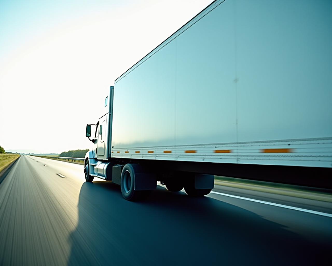 Modern freight truck in motion on clean white background